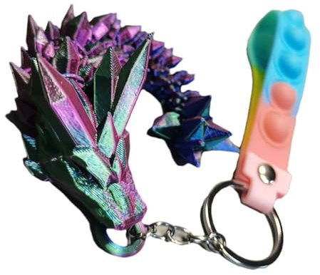 Jomewory 3D-bedruckter Drachen-Schlüsselanhänger – 3D-gedruckter chinesischer Drachen-Schlüsselanhänger – Regenbogen-Perlglanz-Farben, beweglicher Drachen-Jahres-Anhänger, Drachenstatue-Figur,