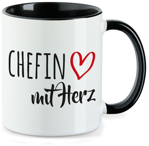 Huuraa Kaffeetasse Chefin mit Herz Geschenk 330ml Schwarz Chefin Präsent
