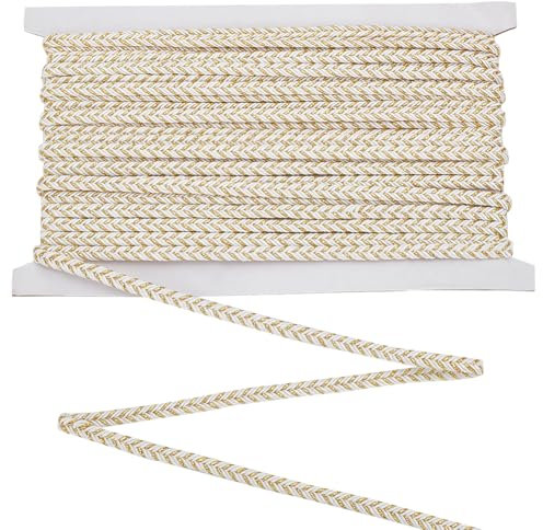 FINGERINSPIRE Cordón trenzado metálico de 9,1 m, 5 mm de ancho, dorado y blanco, de poliéster, trenzado, decorativo, para hacer joyas, pulseras, disfraces, costura