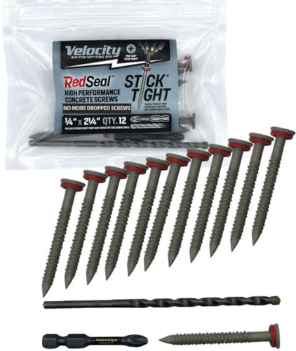 Velocity 2 1/4 Concrete Screws (Flat Head, 1/4) - Includes 12 High-Performance Cement Screws for Concrete with RedSeal Moisture Barrier, 1 PSD ACR Drive Bit and 1 Carbide Concrete Drill Bit