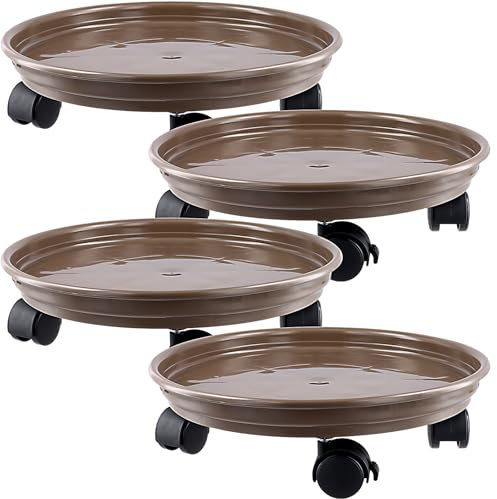 KEILEOHO 4 Stück 33cm Rollbarer Pflanzenständer Braun, Pflanzenwagen Pflanzenroller mit Rollen, Pflanzen Caddy Rund für Indoor Im Freien Outdoor