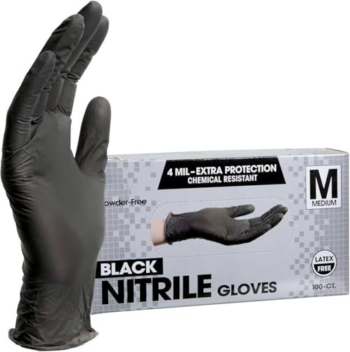PROMART Disposable Nitrile Gloves Black, Chemical Resistant, Powder-Free, Latex-Free, Non-Sterile, Food Safe, Black,100-Count (100, MEDIUM)