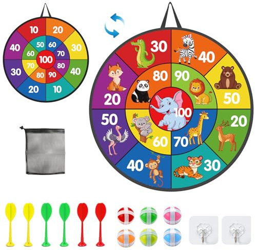 SUNYOK Children's Velcro Dart Board Double-Sided Animal Dart Game with 6 Sticky Balls, 6 Arrows, 2 Hooks, Throwing Game for Boys and Girls, Multicolor Polyester, Christmas, Indoor, Outdoor