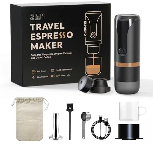 YIWEOG Cafetera Máquina de café espresso portátil de 9 bares de presión recargable 2 en 1 pequeña cafetera de viaje compatible con cápsulas café molido perfecto para viajes, camping, senderismo, ofici