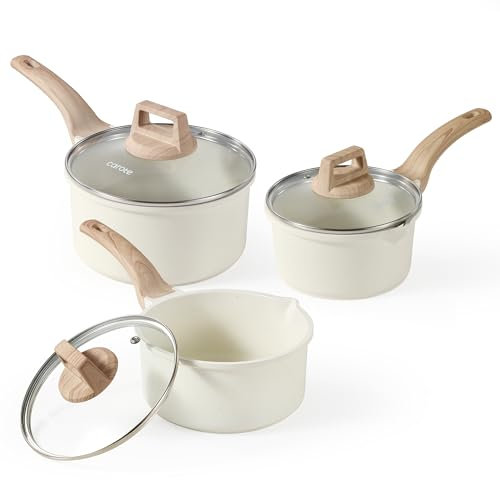 CAROTE White Nonstick Milk Pan Set with Wooden Handle - 3 Small Saucepans (16/18/20cm) + Glass Lids, Drip-Free Spouts, Induction Compatible & Family-Safe Coating