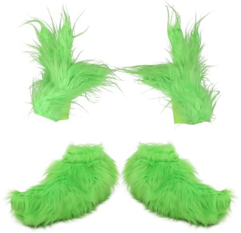Yearsahrk Grüne Grinch Handschuhe Pelzige Hände Monster Schuhüberzüge Weihnachtsmütze Weihnachts Kostüm Requisite Halloween Accessoires Geschenke (2 Stück)