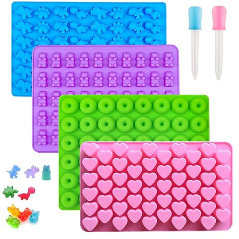 Silicone Gummy Candy Molds, 4PCS Candy Silicone Molds with 2 Droppers, Gummy Bear Moulds Jelly Molds Gummy Baking Tray Non Stick Jelly Molds for Sweets Fondant Cake Decor
