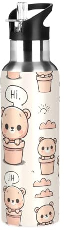 Cute Teddy Bear Brown Water Bottles for Boys Kids Thermos Bottle Cups with Straw Lid Insulated Stainless Steel Leakproof Water Flask Jug 20 oz