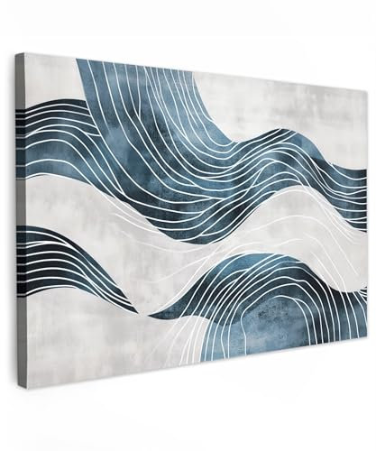 MuchoWow© Leinwand Bilder Groß 120x80 cm XXL Wanddeko Wohnzimmer Aesthetic Room Decor Deko Zimmer Wandbilder Modern Bild auf Leinwand Linien - Wellen - Abstrakt - Blau