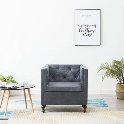Qnhdfrt Gray Fabric Chesterfield Armchair with Wood Frame