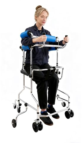 Tragbare Gehhilfen für Behinderte Menschen, Höhenverstellbarer Stand-Gehhilfe Rollator aus Kohlenstoffstahl für Erwachsene Zerebralparese-Rehabilitation, inkl. Sitzkissen, Rädern & Achselstützen