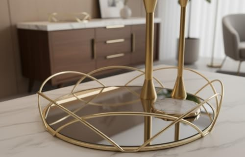 Biznest Round Glass Tray Gold Shining Mirrored Finish Candle Holder Modern Abstract Design Serving Platter Minimalist Display Geometric Bordered Pattern Cosmetic Organiser Home Decorative Piece 30 Cm
