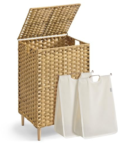 SONGMICS 2-Section Laundry Hamper with Lid, 29 Gal (110L) PE Rattan Laundry Basket with Removable Washable Liners, for Bedroom & Living Room, Goose Yellow ULCB222YE01