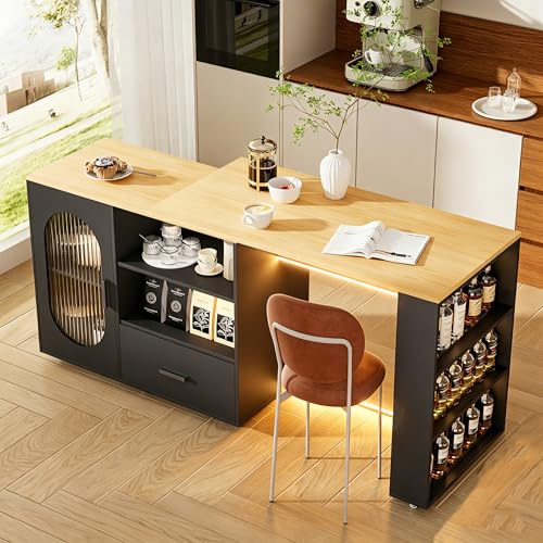 Isola da cucina girevole a 360° con spazio di archiviazione, carrello da cucina portatile, tavolo da bar allungabile, piano di lavoro in acciaio inox, bar per la colazione con armadi e cassetti, per