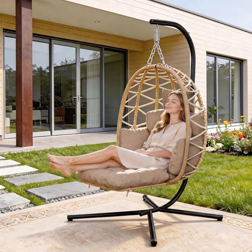 Fauteuil suspendu avec structure, fauteuil en osier avec repose-pieds et coussins épais, fauteuil suspendu en rotin pour l'extérieur ou l'intérieur, meuble pour jardin, balcon, salon, capacité de