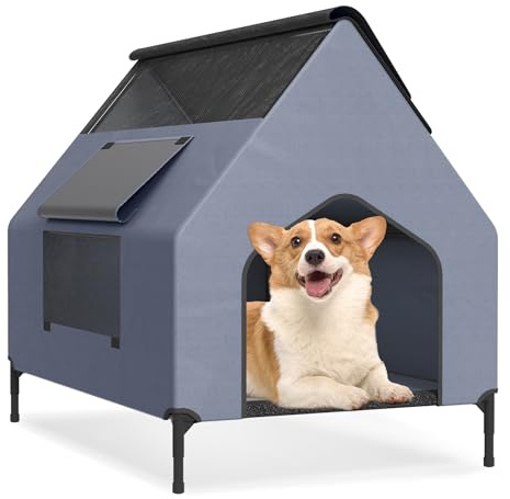XMTECH 2 in 1 Hundehütte mit Hundebett, Oxford Hundezelt 109x74x93cm 60kg | Atmungsaktives Mesh-Fenster und erhöhtes Bett, Oxford-Gewebe, pflegeleicht und ideal für Wohnung, Balkon und Camping
