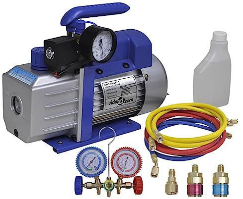Runheo Pompe d'aspiration à Un étage avec manomètres à 2 Voies pour climatisation réfrigération véhicules et systèmes domestiques kit Complet avec Accessoires de Calibration et raccords Rapides