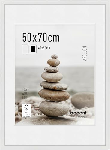 accent by nielsen Bilderrahmen mit Passepartout, 50 x 70 cm, Holz, Weiß, Posterrahmen zum Aufhängen im Hoch- & Querformat, Echtglas, Apollon