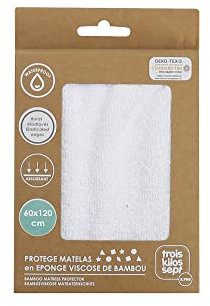 TROIS KILOS SEPT - Protège Matelas Bébé 60 x 120 cm - Alèse en Bambou Imperméable - Certifié OEKO-TEX® - Antibactérien et Absorbant - Traitement SANITIZED - Blanc