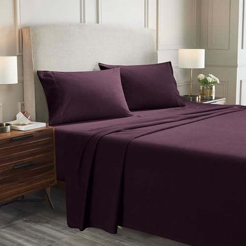 Superior Paisley or Solid Flannel Cotton Sheet Set, Fuzzy Warm Sheets, Traditional Bohemian Bedding, Includes 1 Flat Sheet, 1 Elastic Deep Pocket Fitted Sheet, 1 Pillowcase, Twin, Purple