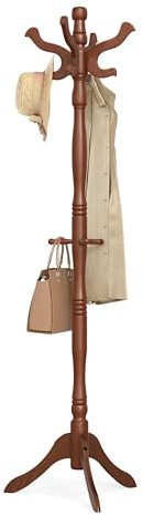 VASAGLE Garderobenleiste freistehend mit 11 Haken, Holzhalle, Baum, Mantelhalter, mit massivem Gummibaumholzsockel für Mantel, Hut, Kleidung, Schals, Handtaschen, Regenschirm, Dunkles Walnussholz
