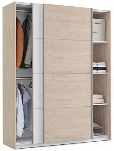 MUEBLES PITARCH | Armario Dormitorio Ropero 2 Puertas Correderas Perfil Aluminio 2 Barras, Blanco y Roble Aurora, 200x150x62cm (Alto x Ancho x Fondo), Moderno, Modelo Onix