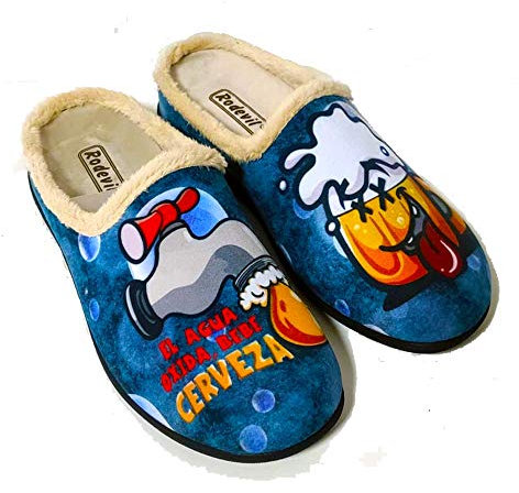 Zapatillas casa hombre cómodas frase graciosa divertida cerveza (Talla 43)