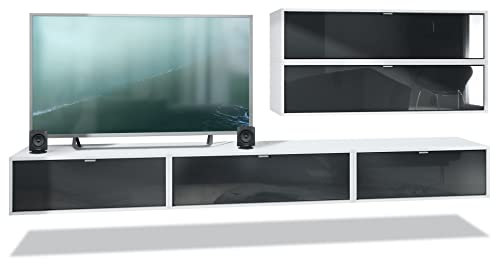 Vladon Wohnwand Lana V2 Anbauwand aus 5 Hängeelementen mit 12 Fächern, Made in Germany, Korpus in Weiß matt, Fronten in Schwarz Hochglanz | Große Farbauswahl