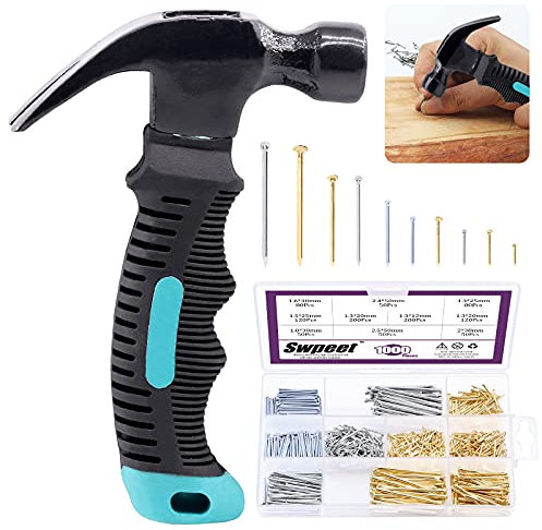 Swpeet Set di 1000 pezzi di kit per unghie con martello da 226,8 g, mini martello con manico antiscivolo e chiodi zincati per appendere le unghie