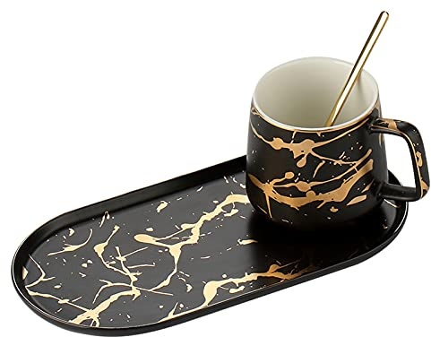 KKgud Ensemble tasse à café et soucoupe en porcelaine 400 ml + assiette ovale pour petit déjeuner, thé de l'après-midi – Motifs marbre (Noir)