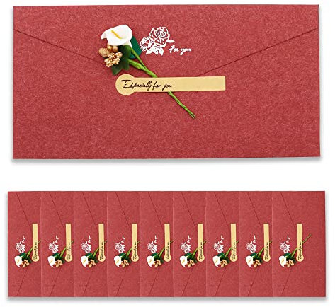 BITEYI 10 Stück Vintage Kraftpapier Umschläge mit Grußkarten Handgefertigte Getrocknete Blumen und Aufkleber,für Geburtstags Hochzeits Weihnachtens Party Einladungen Postkarten (Rot)