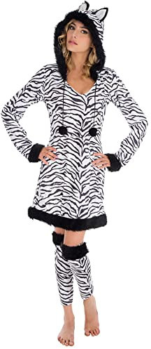 Goldschmidt Kostüme Zebra Kleid mit Stulpen | Zebrakostüm Damen | Kostüm Zebrakleid für Fasching Karneval Damen (44-46)