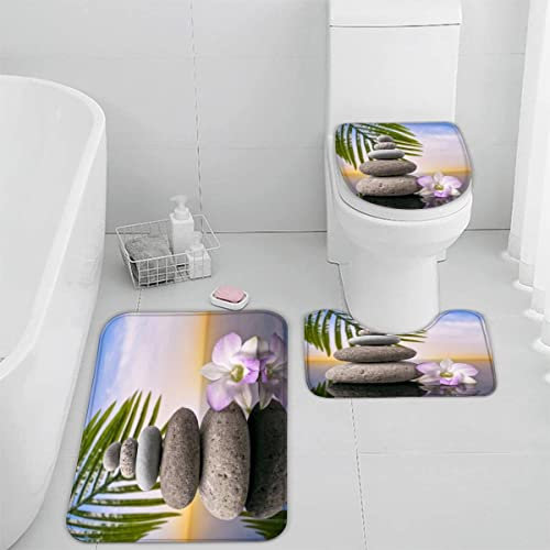 TiaoTian Badematten Set 3 teilig 50x80 Zen 3D Badezimmerteppich Set WC Vorleger Set rutschfeste Badematte Maschinenwaschbar Badteppich Set für Badezimmer badvorleger Kiesel Blumen Palmen
