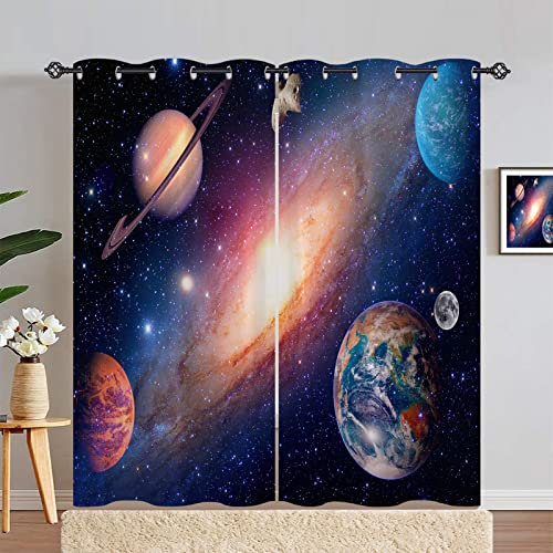 ANHOPE Planet Curtains Eyelet Thermal 80% Blackout Curtains with Space Galaxy Earth Print Pattern Soundproof Window Drapes for Kids Boys Girls Bedroom Living Room Door 46 x 84 Inch Drop 2 Panels