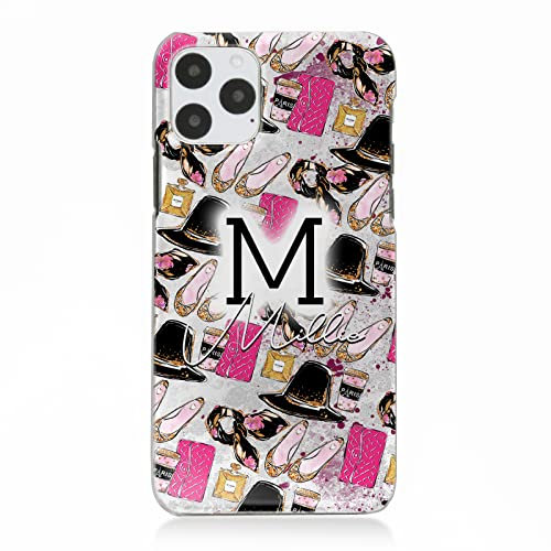 Personalised Initials Phone Case For Apple iPhones, 16, 15, 14,13, 12, 11, Pro Max, Mini, XR, SE Black & White Initial Name, Pink Hat Handbag Shoe Pattern Hard Phone Cover, Shoe Phone Case
