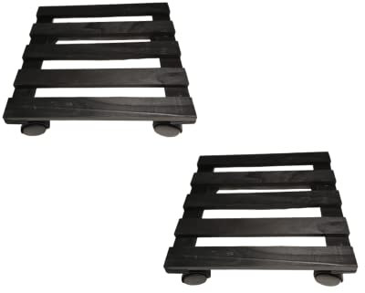 Samuel ALEXANDER Pack of 2 35cm Black Square Wooden Garden Plant Pot Flower Trolley Stand On Wheels