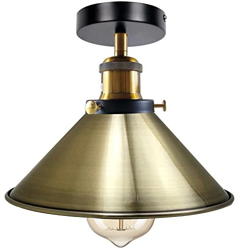 LEDSone E27 Flush Ceilings Light with 22cm Green Brass Conical Lampshade Easy to Fit Durable Metal Semi Flush Mount Ceiling Lighting for Bedroom, Kitchen, Dining Room, with EPC A+ Bulb