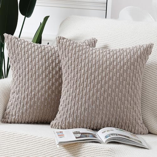 Madizz 2er Set Boho Gestreifte Kissenbezüge Weicher Kord Dekorativer Kissenbezug für Schlafzimmer Sofa Kissenhülle Taupe 35 x 35 cm
