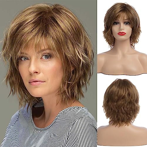 Kurze Haare blonde Bobbokopf Perücke mit Pony für weiße Frauen Natürliche Wellen blonde Bobbokopf Synthetische Perücke für alltägliche Partys Rollenspiele