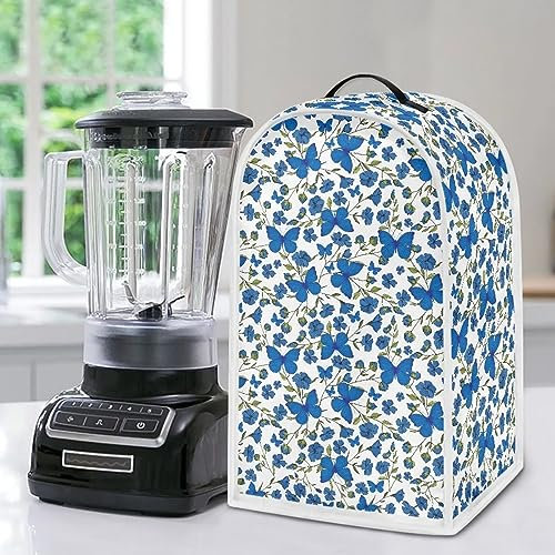 Poceacles Blue Butterflies Floral Designs Blender Covers, Blender Dust Stand Mixer Appliance Cover Anti Fingerprint Dust Proof Stain Resistant Blender Cover with Top Handle