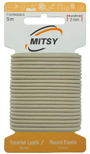 MITSY Cinta de goma redonda resistente al desgarro, cordón de goma para coser, ancho de 3 mm, 5 m, beige, fuerte, redondo, goma para pantalones, hogar, manualidades, tejidos para costura