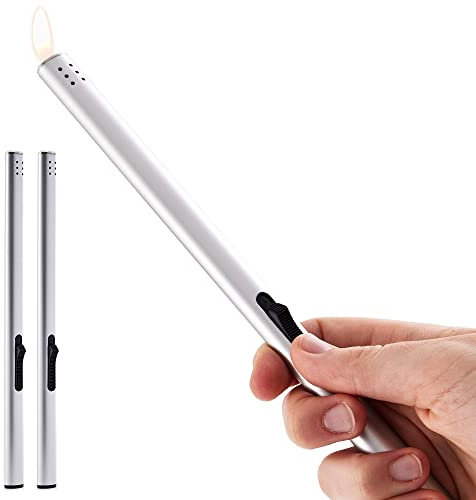 TOM 2 x Stabfeuerzeug mit Softflamme – Silber – 17,6 cm langes elektrisches Gasfeuerzeug – Elektrofeuerzeuge mit Gas befüllt & nachfüllbar – 2 Stück im Set - Feuerzeug