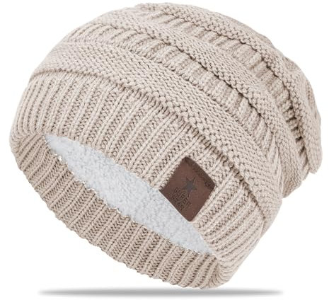 Yhsvie Beanie Mütze Herren Damen Wollmütze Unisex Strickmütze Winter Warme Mützen Beanie Hut Thermo Stricken Wintermütze Slouchy Thick Skull Cap mit Fleece Innenfutter klassisches Herrenhat Beige