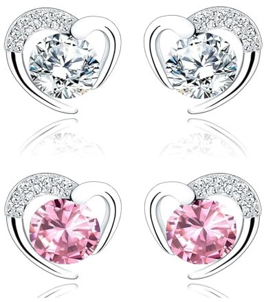 Ohrstecker Silber 925 Klein Ohrringe für Damen Frauen | 2 Paar Sterling Silber Herz Ohrstecker Set mit Zirkonia für Mädchen Geschenke