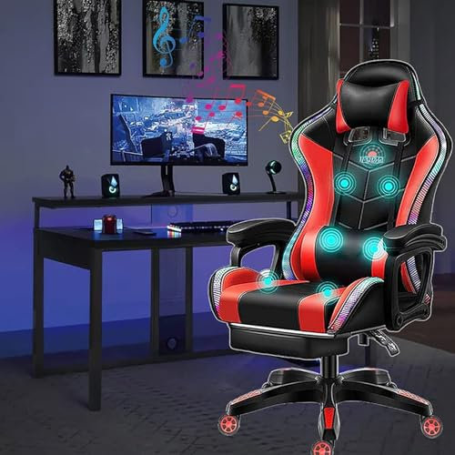 Silla gaming con luces LED y altavoces Silla de carreras de computadora con reposapiés y soporte lumbar Silla de oficina ergonómica RGB High Back con reposacabezas,Rojo