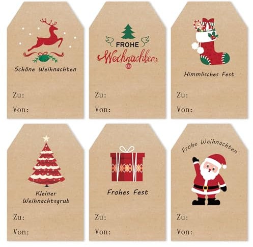 Aufkleber Weihnachten, 96 Stück Kraftpapier Weihnachtsaufkleber, Selbstklebende Weihnachtsetiketten, Weihnachtsgeschenke Sticker Etiketten für Geschenkverpackung, Weihnachtsdekoration, 5 x 7.6cm