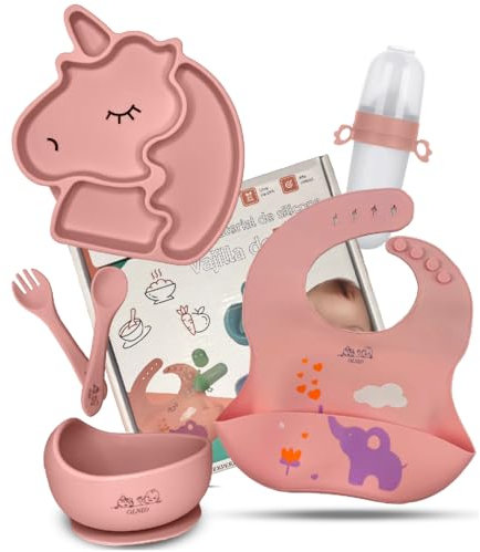 OLNID® Vajilla Bebe PREMIUM LIBRE BPA | Vajilla Bebe Silicona Con Ventosa ULTRA-ADHERENTE | Libre BPA | Platos Bebe Ventosa | Cubiertos Bebe | Accesorios Bebe | Color(Rosa)
