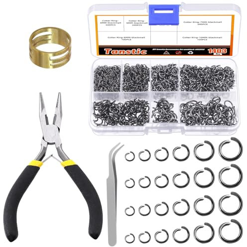 Tanstic 1403 Pcs Black Open Jump Rings Kit, 4mm, 5mm, 6mm, 7mm, 8mm, 10mm - Jewelry Making Set mit Jump Ring Opener, Pliers und Tweezer
