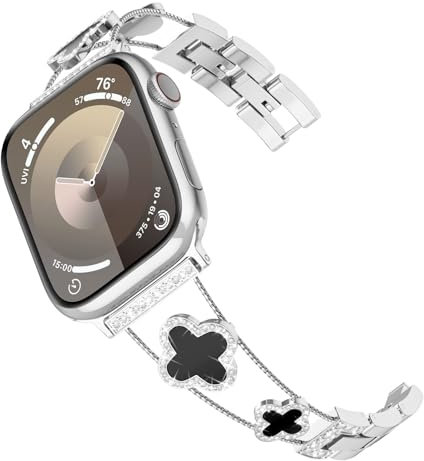 Tuocal Kompatibel mit Apple Watch Armband 42mm(Series 10) 38mm 40mm 41mm, Glitzer Diamant Strass Metall Edelstahl Ersatzarmband für iWatch Series 10 9 8 7 6 5 4 3 2 1 SE Damen, Silber/Schwarz