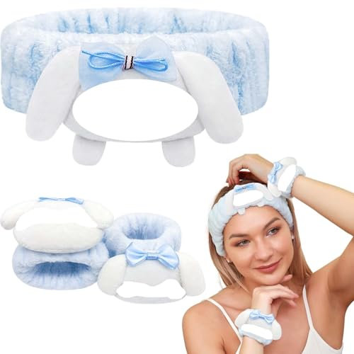 Haarband Kosmetik 3 Stück Handgelenk Waschband Stirnband Schminken Abschmink HeadBand für Mädchen Damen Frauen Gesicht Waschen, Skincare, Make Up (Blau)